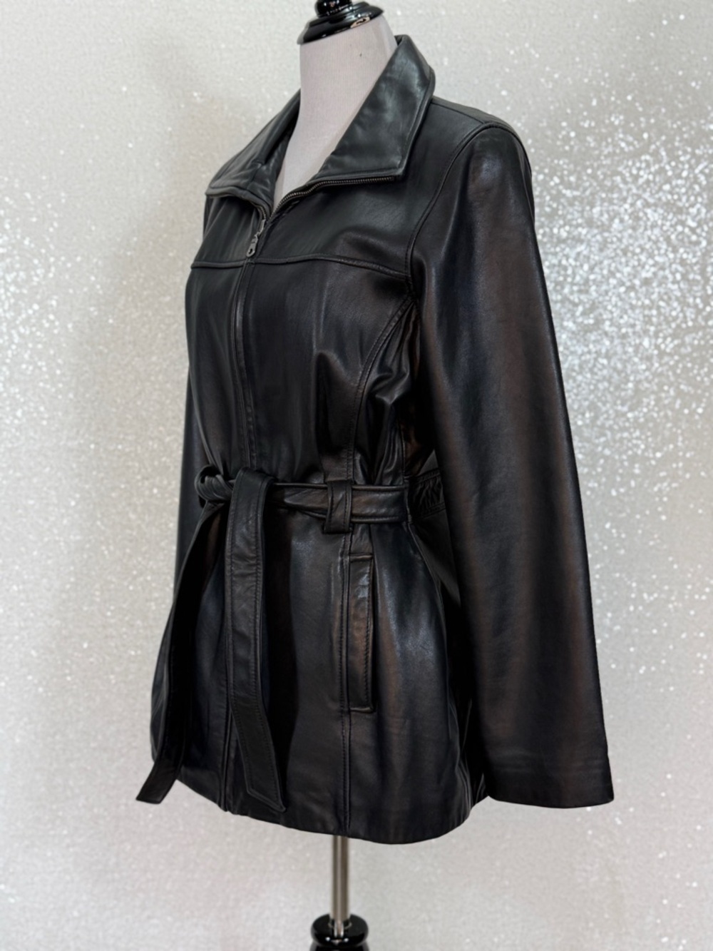 Jacqueline Ferrar Genuine Lambskin Leather Jacket Black Belted Zip Up Tailored - Picture 7 of 16